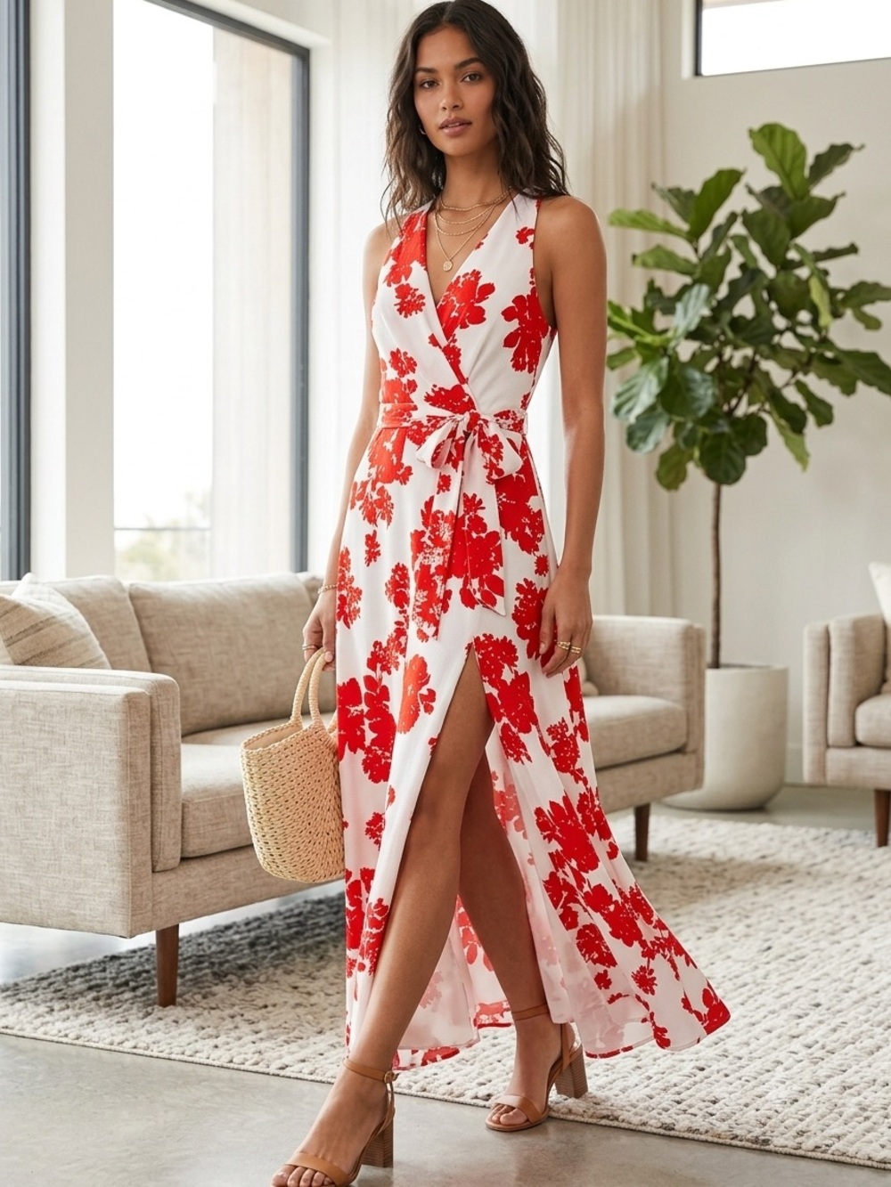 Premier Amour Orangish Red Floral Tie-Waist Maxi Dress - Women's